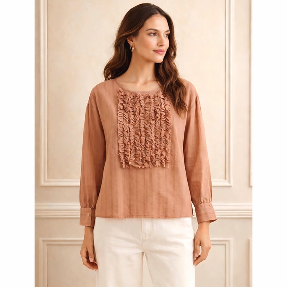 easel Tops - EASEL Apricot/Mauve Textured Ruffled Oversized Top!
22.5 Ptp